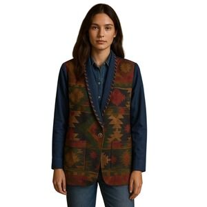 VTG Royal Studio Southwestern Tapestry Blazer Cotton Leather Trim USA M